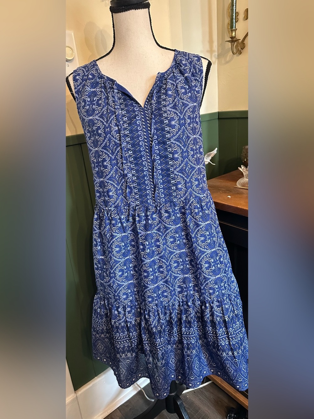 Talbots Dress Petite Small Blue Medallion Paisley Sleeveless Tiered Mini